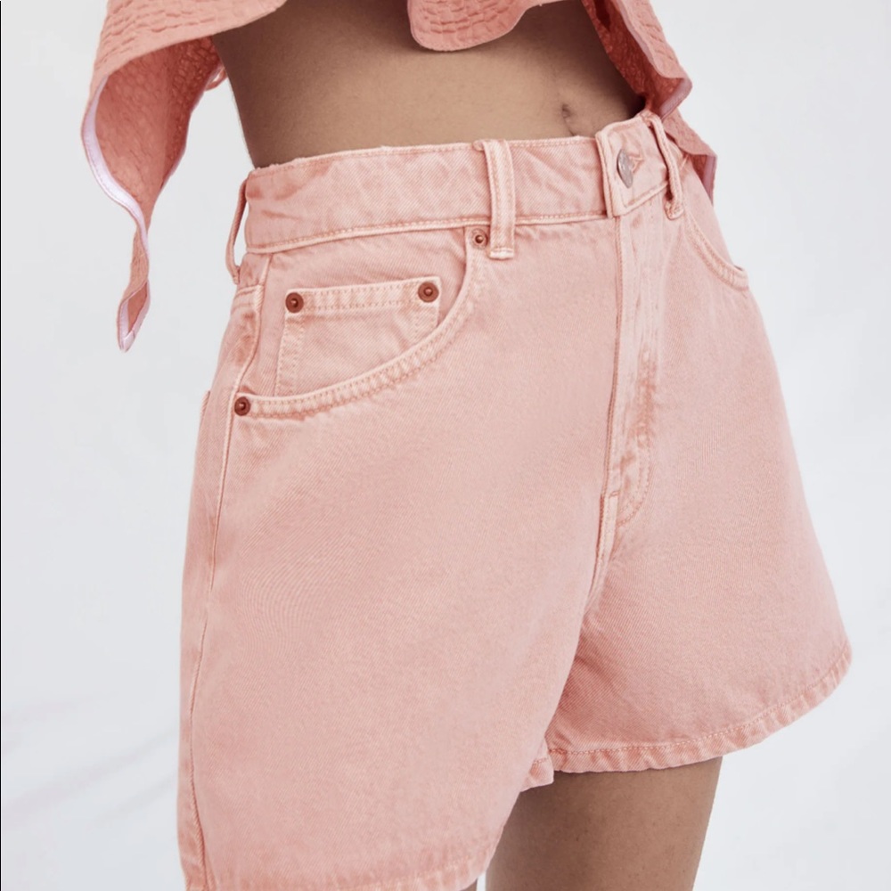 Zara High Rise Waisted Denim Shorts Pink Peach Button Fly 38 6 28 Jean A line